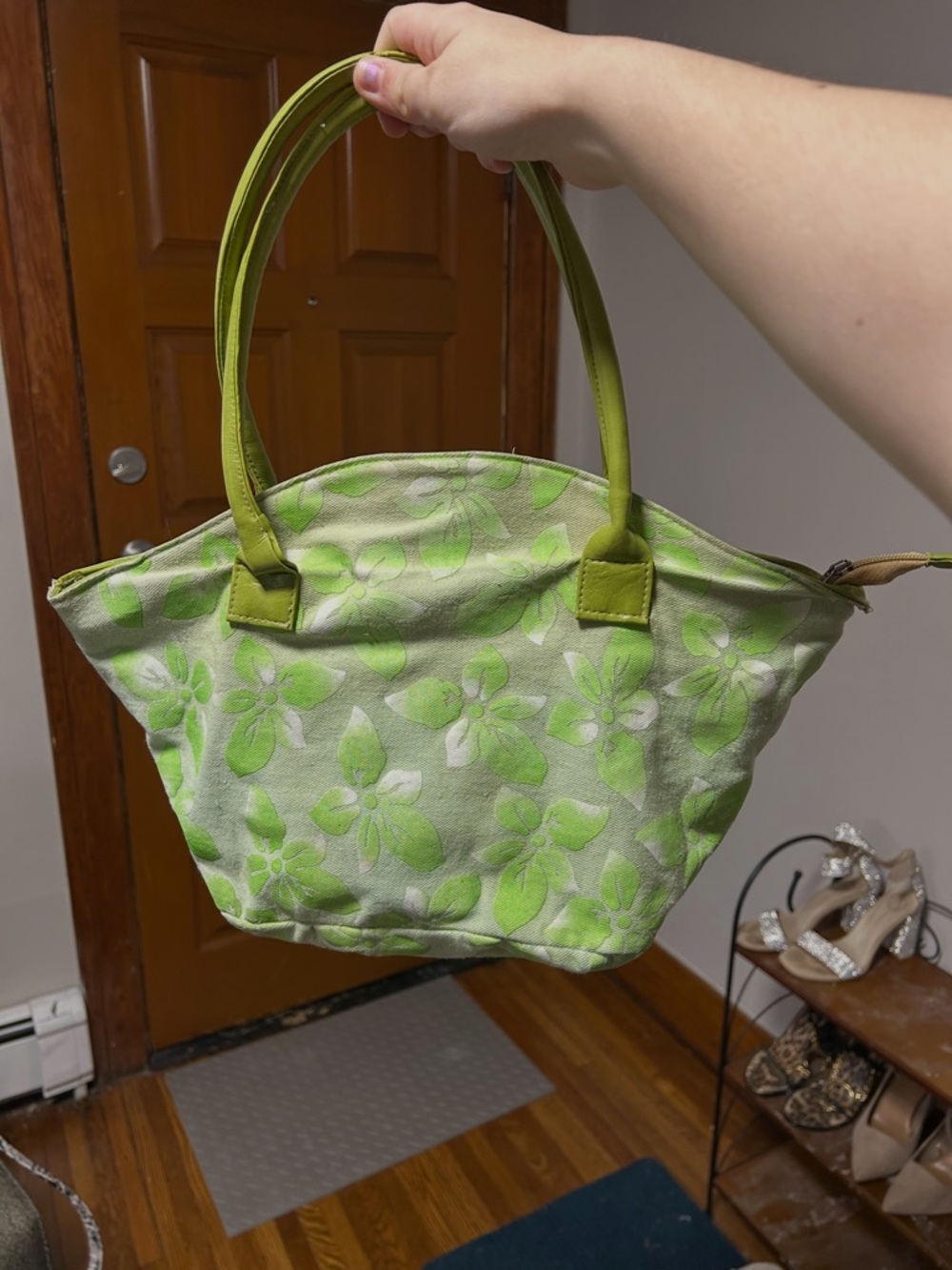 Green Floral Tote Handbag - Women's Shoulder Bag